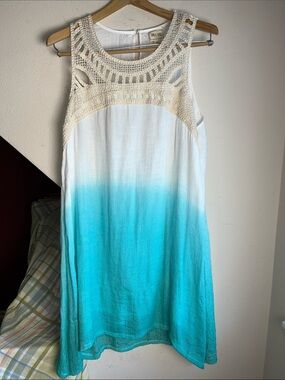 Sand & Spirit Crochet Gauze Dip Dyed white Turquoise Beach Dress XL